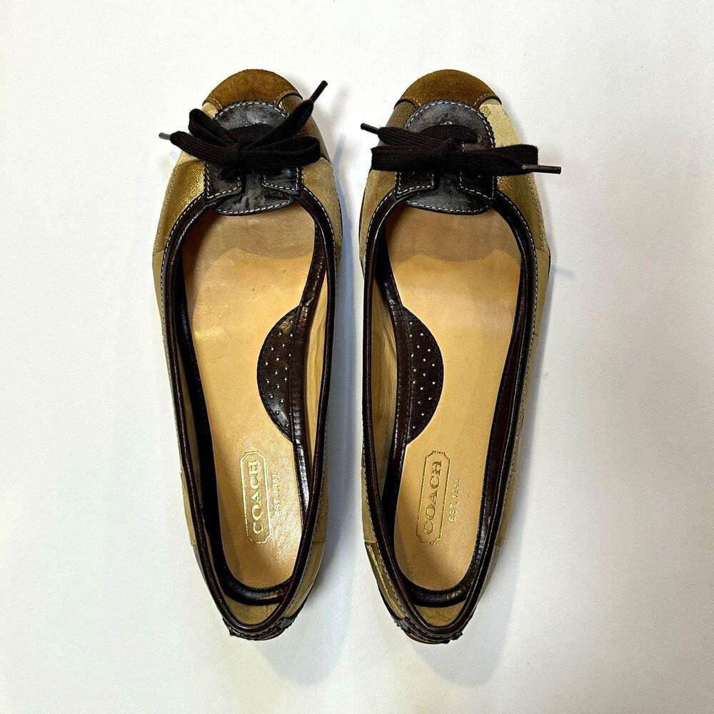 Coach Women’s Ballet Flats Leather Lace Up Bow Round Toe Gold Brown 8.5M